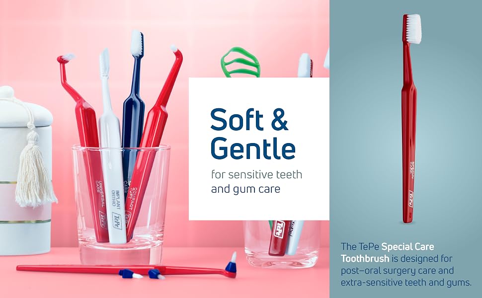 TePe interdental brushes and toothbrushes. Text reads: Gentle for sensitive teeth and gum care.