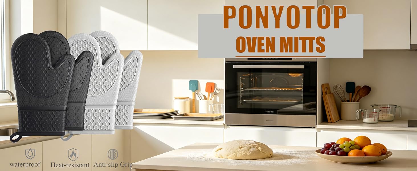 PONYOTOP Silicone Oven Mitts - Heat Resistant Waterproof Non-Slip Kitchen Cooking Gloves