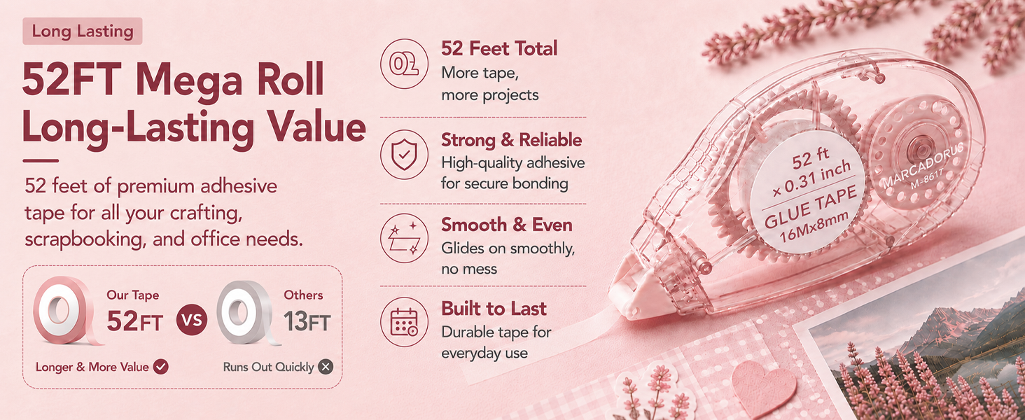 52 ft glue roller tape lays clean glue strips for scrapbooking, journals, cards, and paper crafts.