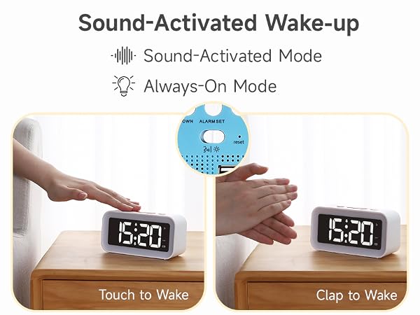 sound activated alarm clock sound sensor touch to wake clap always on display modes
