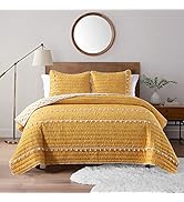 Boho Style Yellow Queen Quilt Set with Tassle, Soft and Lightweight Bedspread for All Season, Ful...