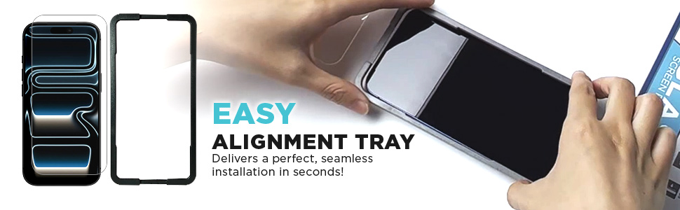 Alignment tray guides bubble-free installation of iPhone 17 Pro tempered glass screen protector