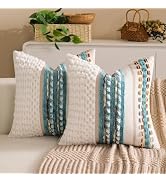 KOOLIFE Boho Chenille Tufted Couch Throw Pillow Covers 18x18 Inch Set of 2 Farmhouse Striped Deco...