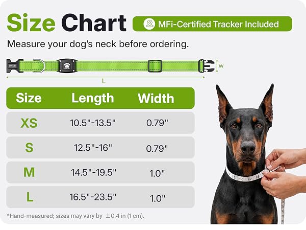 Dog collar size chart XS S M L neck 10.5 to 23.5 inches measure your dog neck before order