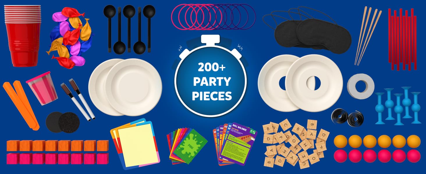 Party supplies collection featuring red cups, balloons, plastic utensils, plates, napkins, and decorative items arranged on blue background with '200+ party pieces' text.