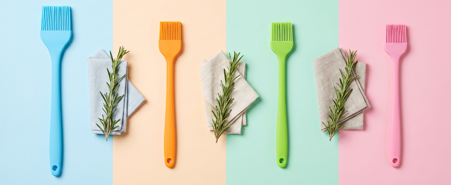 Four piece silicone basting brush set in blue orange green pink on matching pastel backgrounds
