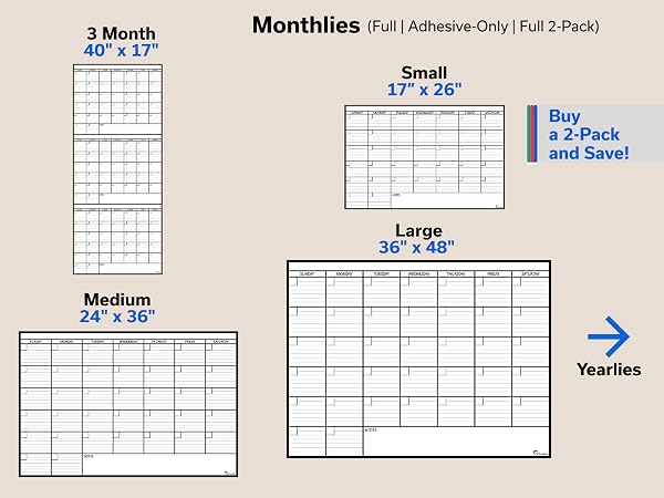 OfficeAid monthly dry erase wall calendars shown in small, medium, large, and 3-month sizes