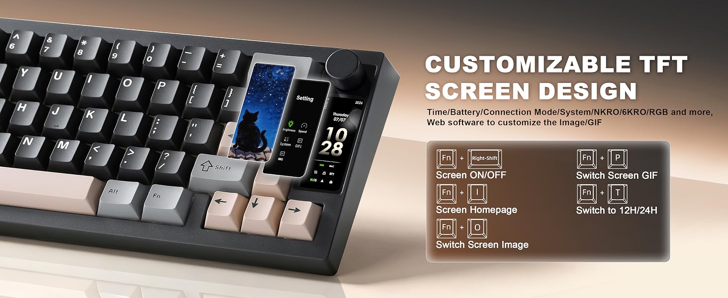 Text reads "CUSTOMIZABLE TFT SCREEN DESIGN". Mechanical keyboard with dark keys and blue highlighted function keys alongside diagram showing customizable screen display options and layout specifications.