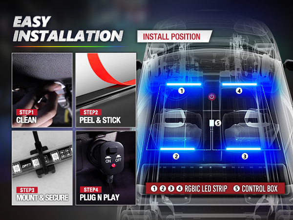 OPT7 Aura Pro Bluetooth App Controled Car Interior Lights Easy Installation