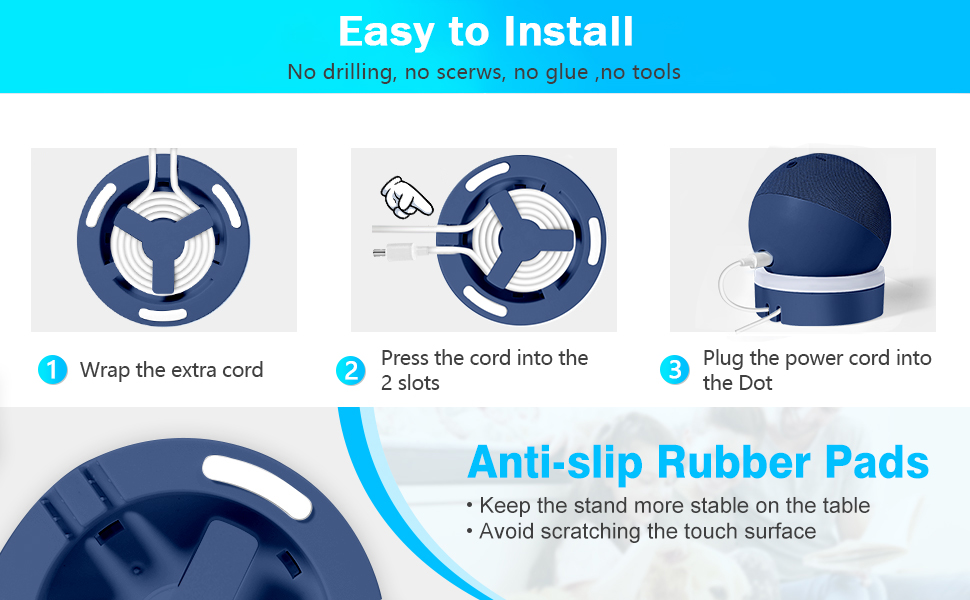 Easy-to-install circular device with anti-slip rubber pads. Three-step installation process shown: wrapping cord, pressing into slots, and plugging in.