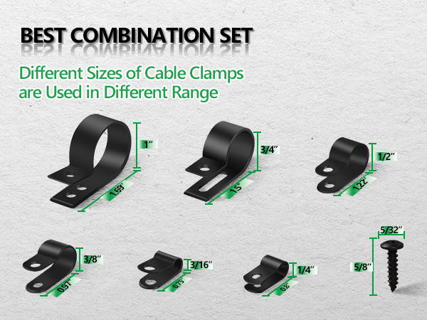 Set of six different-sized black cable clamps with mounting holes, displayed with measurements and a mounting screw, labeled as 'Best Combination Set'.