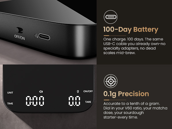 coffee scale with 100-day battery life, 0.1g precision