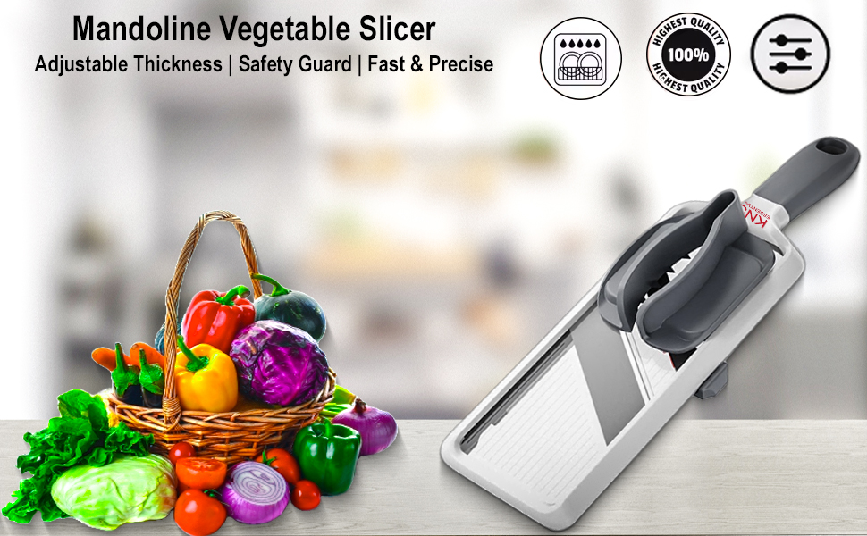 Mandoline slicer for kitchen, vegetable cutter with adjustable thickness, slicer with safety guard
