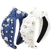 Wecoe 2pcs Knot Headbands Pearl Rhinestone Wide Cloth Headbands Cute White Denim Blue Head Bands ...