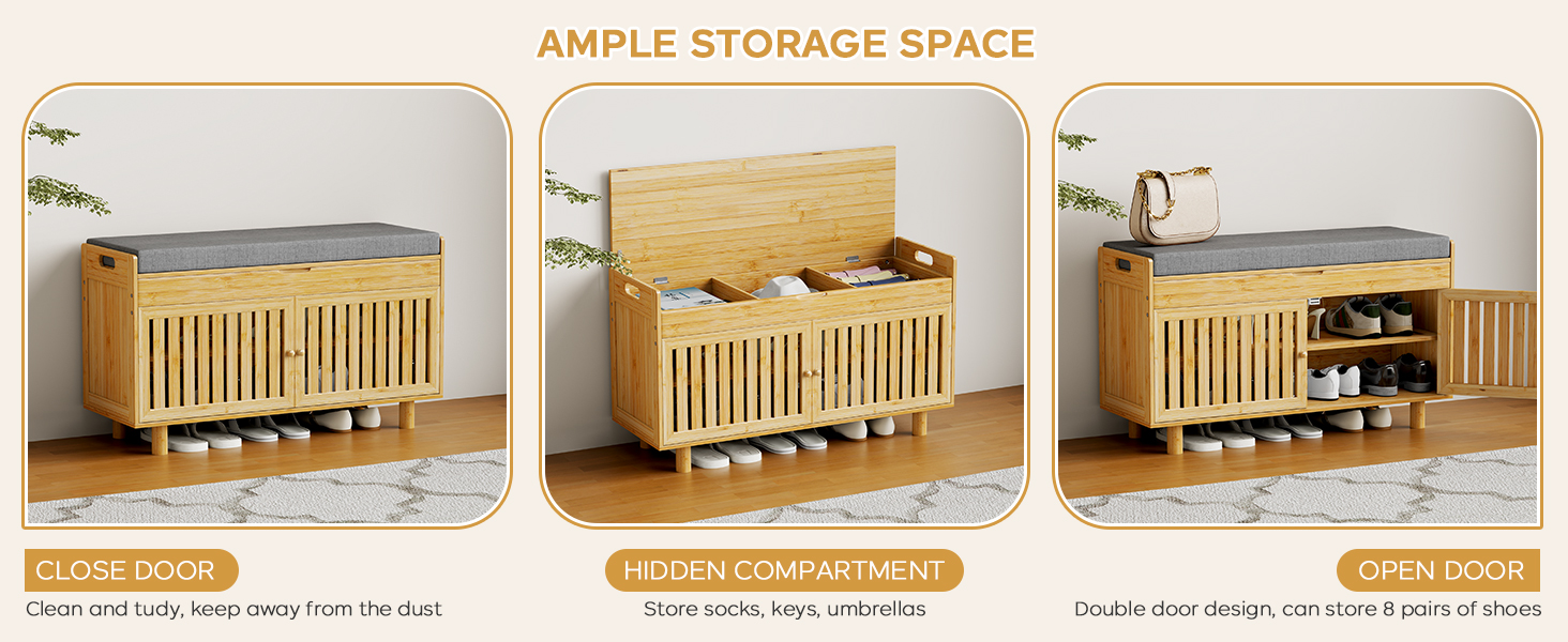 Shoe Storage Bench, Bamboo Entryway Bench with 2 Doors & Padded Seat Cushion