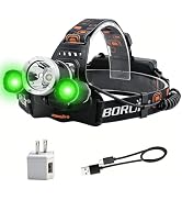 BORUIT RJ-3000 LED Green Headlamp,USB-C Rechargeable Hunting Headlamp with White & Green Light,Wa...