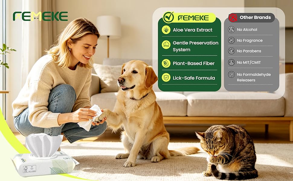 The owner crouches down and gently wipes the dog’s paws with a FEMEKE wipe. A cat is licking its fur