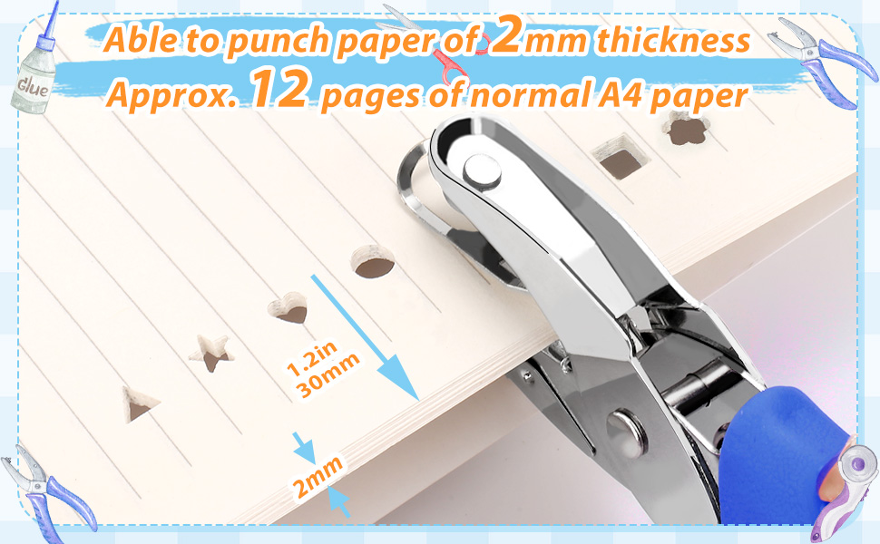 able to punch paper of 2mm thickness. Approx. 12 pages of A4 paper.