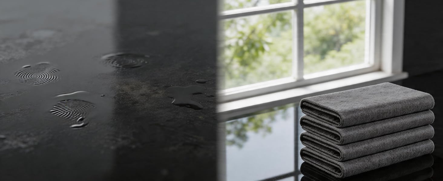 Split screen comparison of dirty and clean glass surface wiped with grey microfiber cloth.