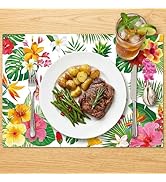 50 Pack Tropical Floral Paper Placemats, Disposable Table Mats with Hibiscus Flowers, Palm Leaves...