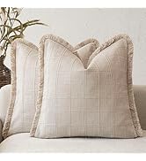 Foindtower Set of 2 Decorative Linen Check Fringe Throw Pillow Covers Farmhouse Vintage Cushion C...