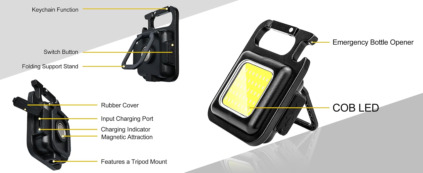 COB LED, magnet, bottle opener, tripod mount and charging port.