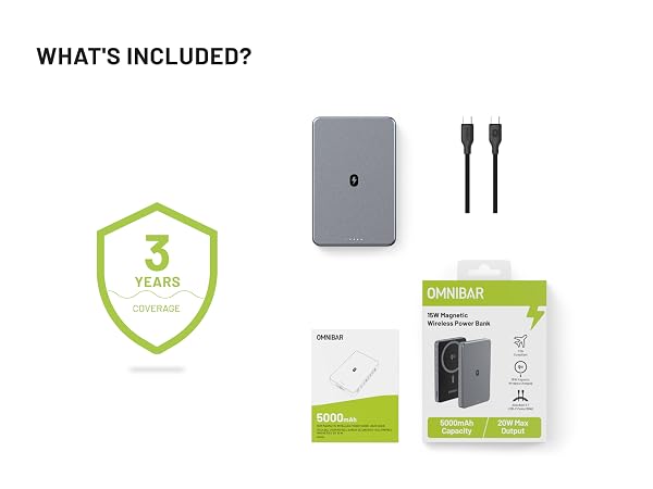 5,000mAh MagSafe power bank with USB-C to USB-C cable and user guide