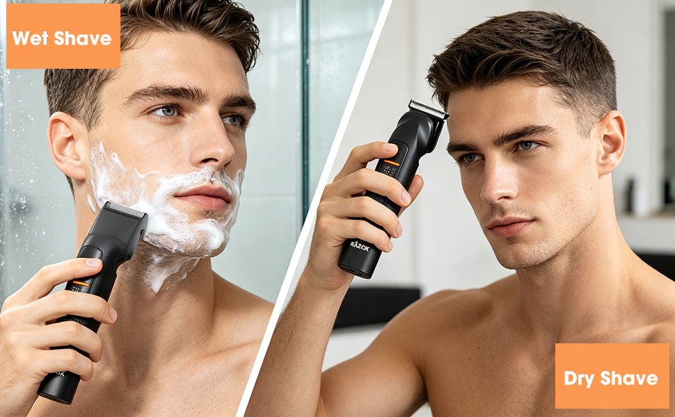 Man using RAZOX IPX6 waterproof beard trimmer for wet and dry shaving