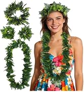 Angoily Hawaiian Party Garland Set 4PCS Green Artificial Leaves Headband Necklace Loop Bracelet f...