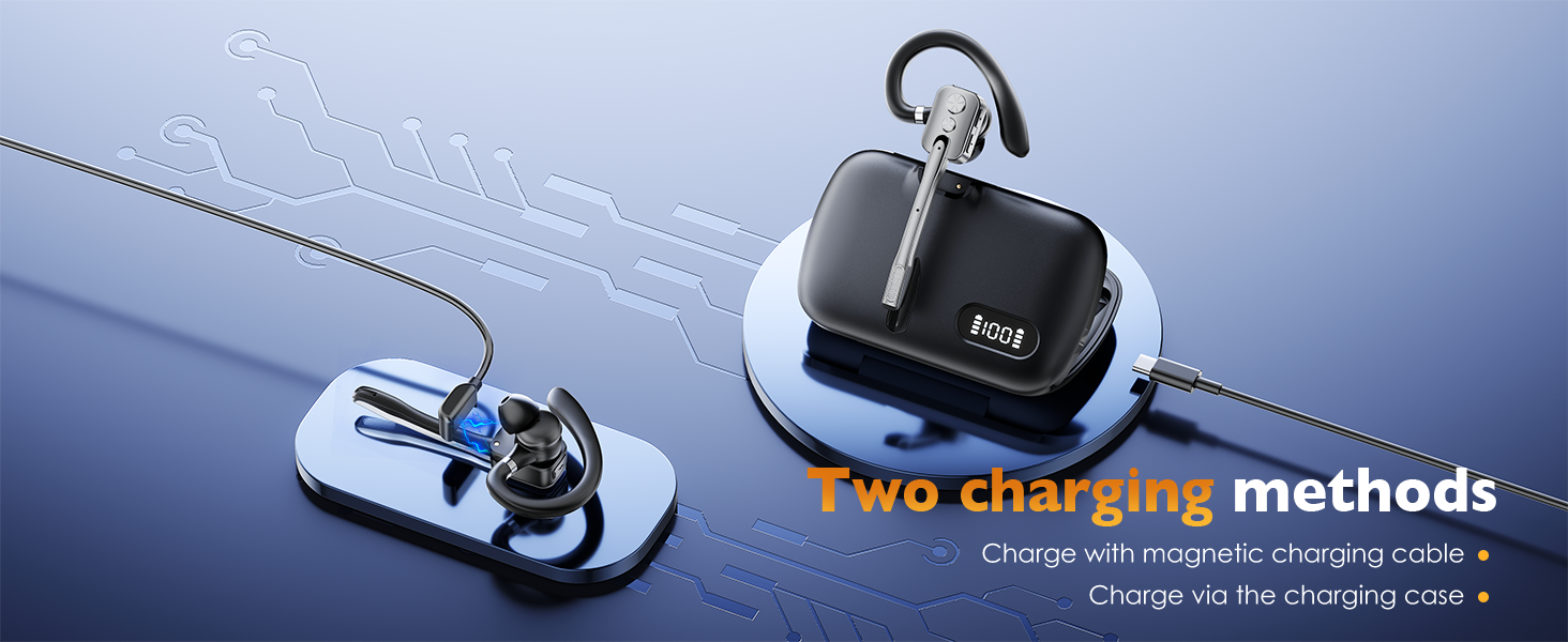 Text reads 'Two charging methods' in orange and black. Black compact charging device with blue USB cable and connector displayed on reflective surface.