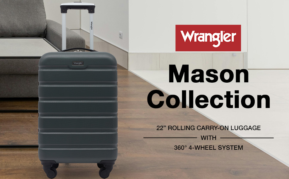 wrangler, carry on, spinner wheels, lined interior, compression strap, upright, lightweight, 20 inch