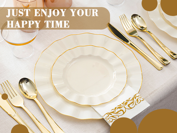 Gold and Ivory Plastic Dinnerware Set
