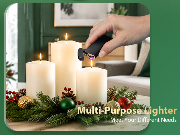 Text reads 'Multi-Purpose Lighter' and 'Meet Your Different Needs'. Hand holding electronic lighter igniting pillar candles in holiday-decorated room with evergreen and decorative elements.