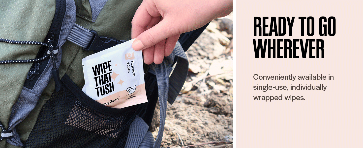 Individually Wrapped wipe being pulled out of a hiking backpage with headline "Ready to go wherever"