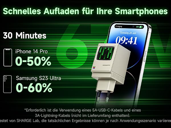 Smartphone fast charging infographic showing 30-minute charging times: iPhone 14 Pro 0-50%, Samsung S23 Ultra 0-60%. Green and black design with device illustrations.