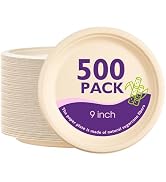 PACKINNO 9 Inch, 500 Pack Compostable Paper Plates Round Unbleached Brown Plates Made from Natura...