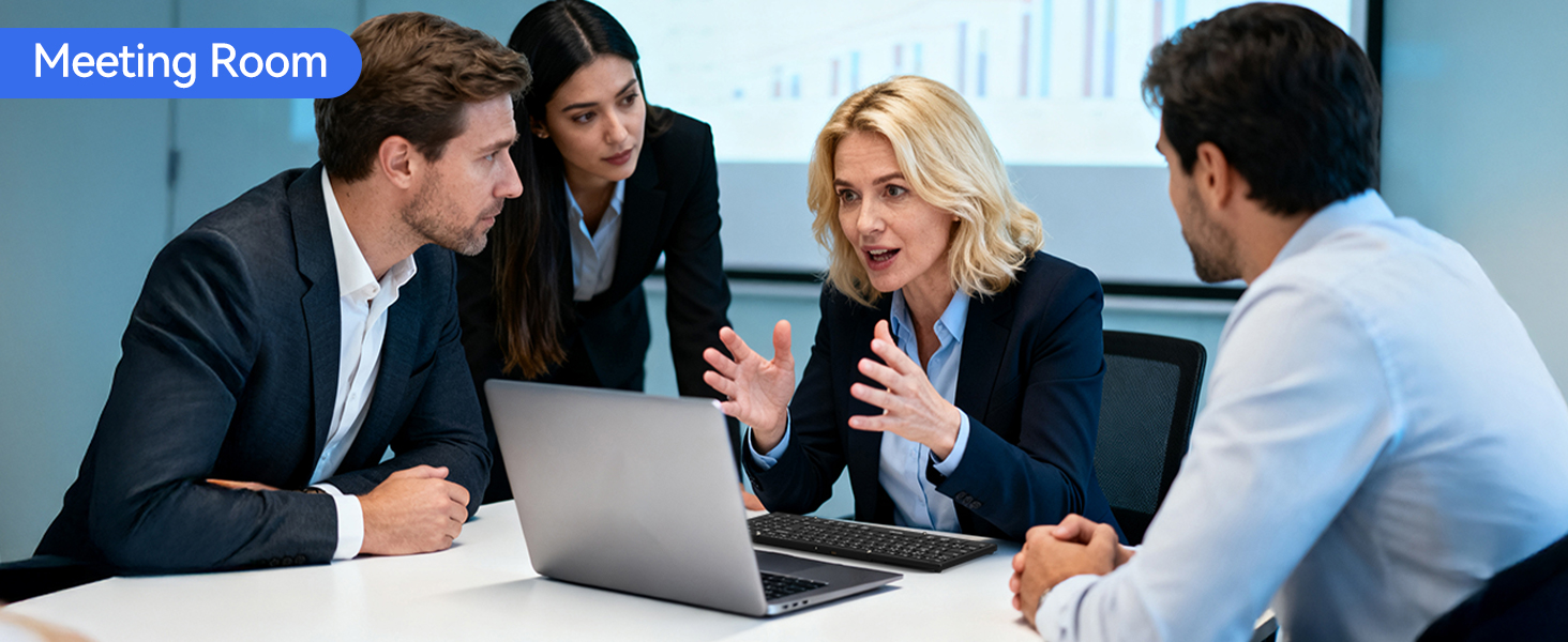 Text reads 'Meeting Room' in blue header. Four professional business people in meeting room gathered around laptop, engaged in discussion and collaboration.