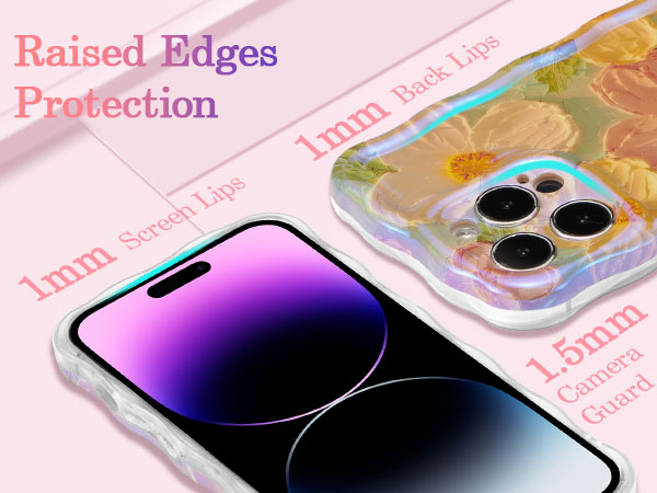 Transparent phone case with raised edges and protective features, showing 1.5mm camera guard and 1mm screen protection measurements.