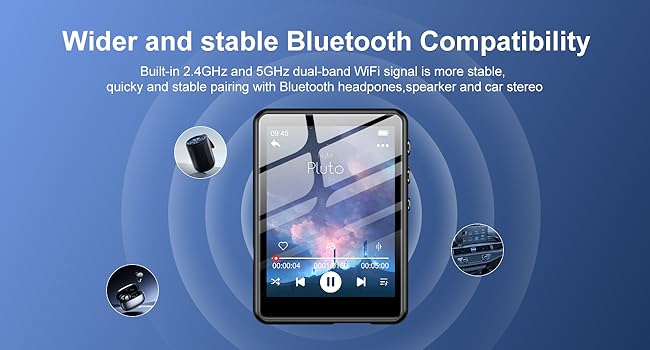 Rectangular touchscreen device with music interface, surrounded by wireless signal indicators. Text highlights dual-band WiFi and Bluetooth compatibility for headphones, speakers, and car stereos.