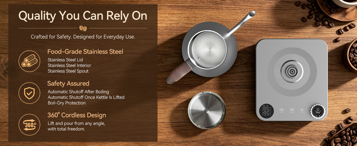 Electric gooseneck kettle set with stainless steel and cordless base for coffee brewing