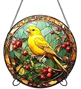 Suncatcher Stained Glass Window Hanging - Yellow Bird Canary Colored Glass Panel Round Sun Catche...