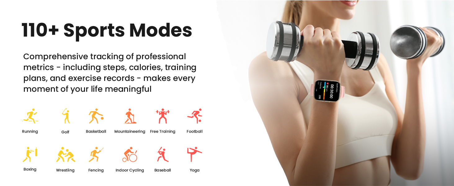 Text reads '110+ Sports Modes'. Split image showing exercise icons for different activities and close-up of arm holding dumbbell with fitness device attached.