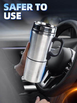 Stainless steel travel mug with safety features shown in car setting, with text 'SAFER TO USE' displayed.