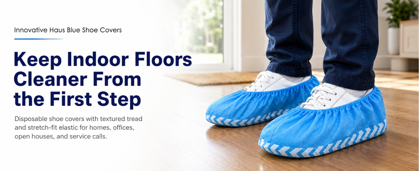 Blue disposable shoe covers over white sneakers on an indoor wooden floor