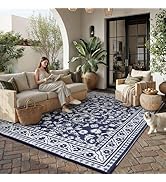 PureCozy Outdoor Waterproof 8x10 Plastic Straw Patio Rug Navy Blue Reversible for Outside Vintage...
