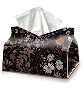 Black Rectangle Tissue Box Cover, Flroal Decorative Tissue Paper Holder, Vintage PU Leather Tissu...