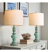 BOBOMOMO 20" Distressed Teal Bedside Lamps Set of 2, Hand-Painted Vintage Resin Lamps with Linen ...