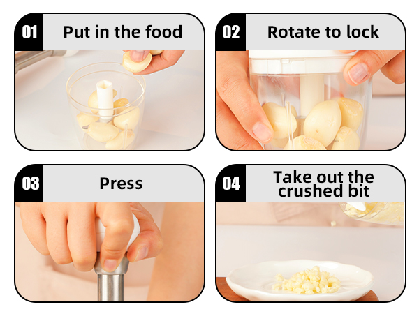 Put in the food,Rotate to lock,Press,Take out the crushed bit