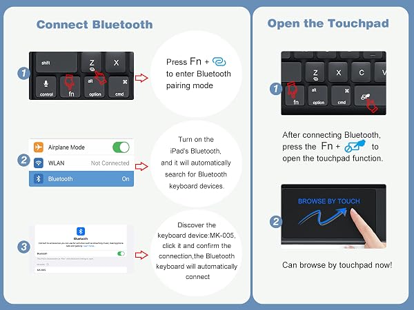 Text includes 'Connect Bluetooth' and 'Open the Touchpad'. Series of mobile app interface screenshots showing setup instructions and connectivity features.