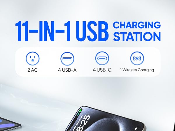 USB Charging Station, USB C Charger Block with 2AC Outlets& Wireless Charger, USB Power Strip